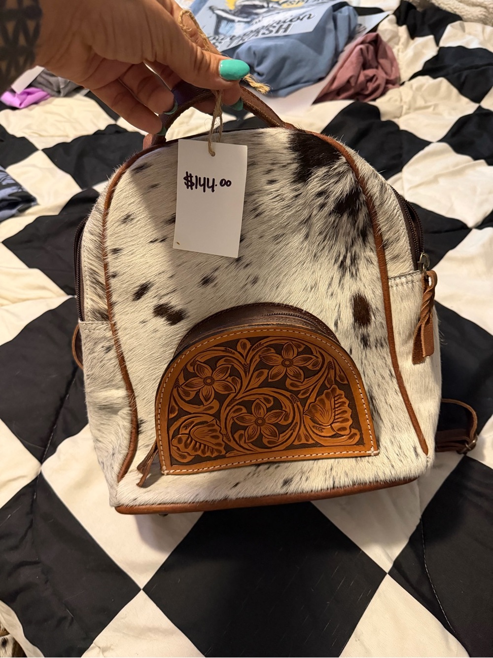 American Darling Cowhide Mini Backpack with Tooled Leather Pocket - White/Brown
